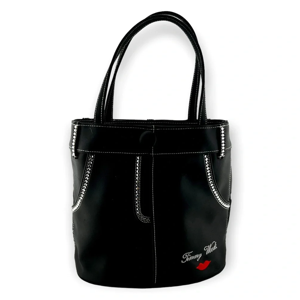 Timmy Woods Jeans with Stones Black Satin Rhinestone Pants Purse Handbag Tote